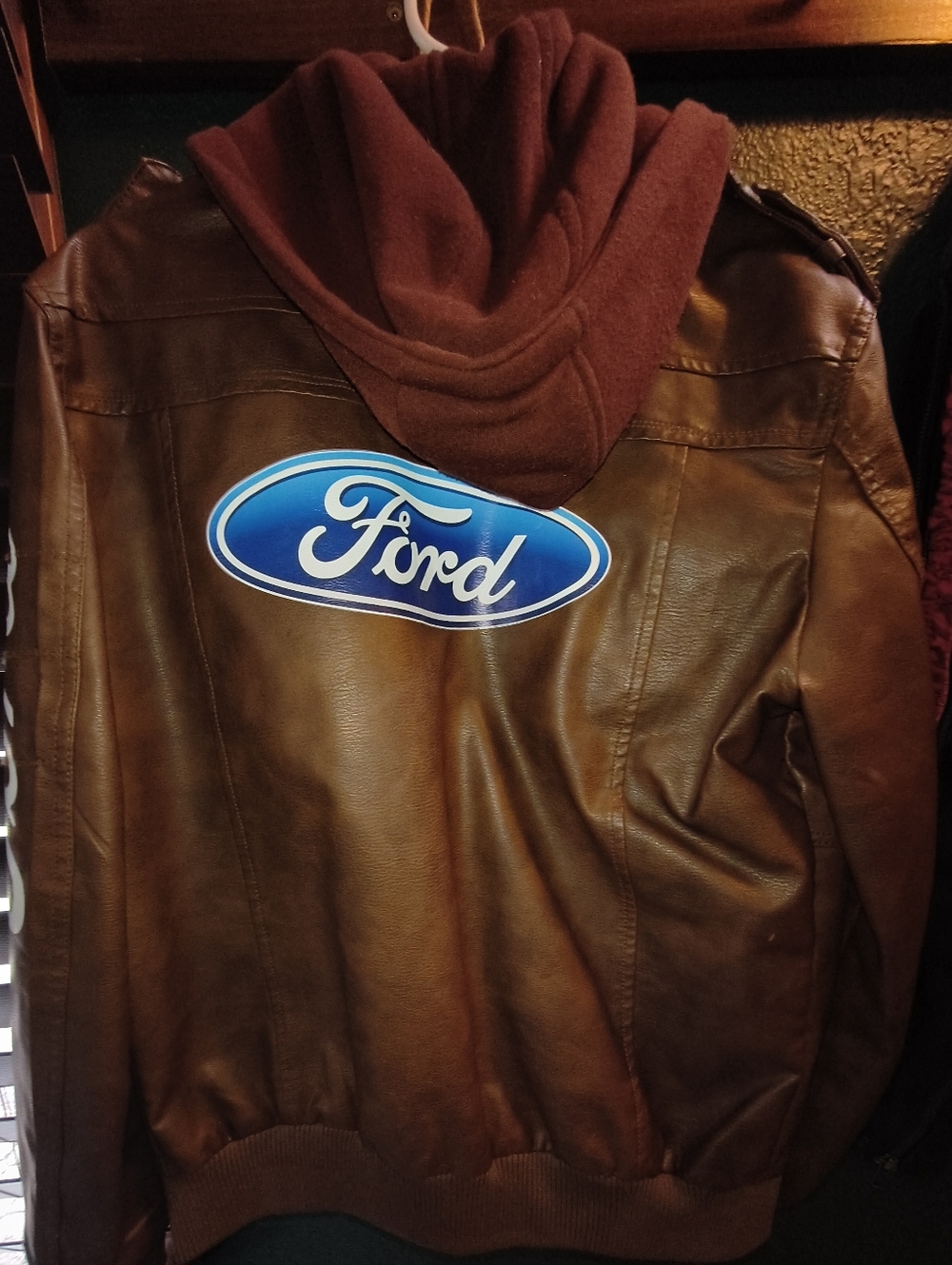Woman's Brown Hooded Faux Leather Jacket with Ford Patch - Picture 5 of 14